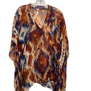 Chico's Women's Size XL 100% Silk Asymmetrical Tie Dye Artsy Top Sheer Blouse